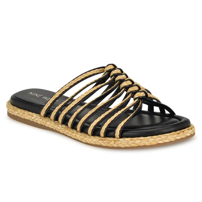 Adila Flat Espadrille Sandals Black Raffia Women Nine West Sandals