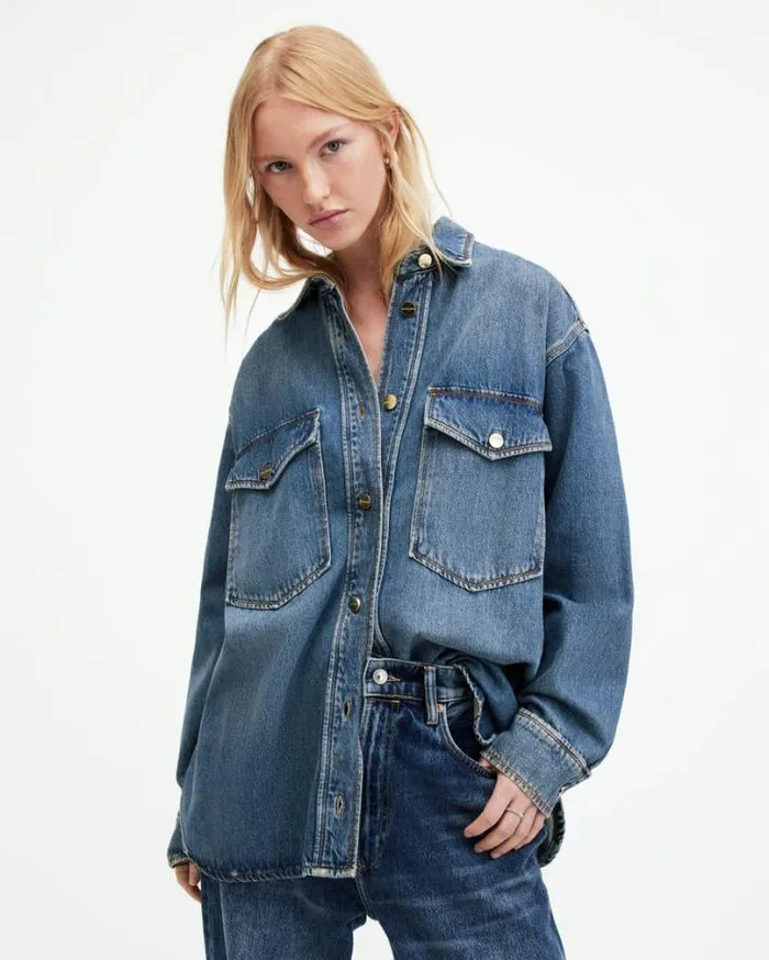 Alba Oversized Denim Shirt Mid Indigo Women AllSaints Tops and Shirts