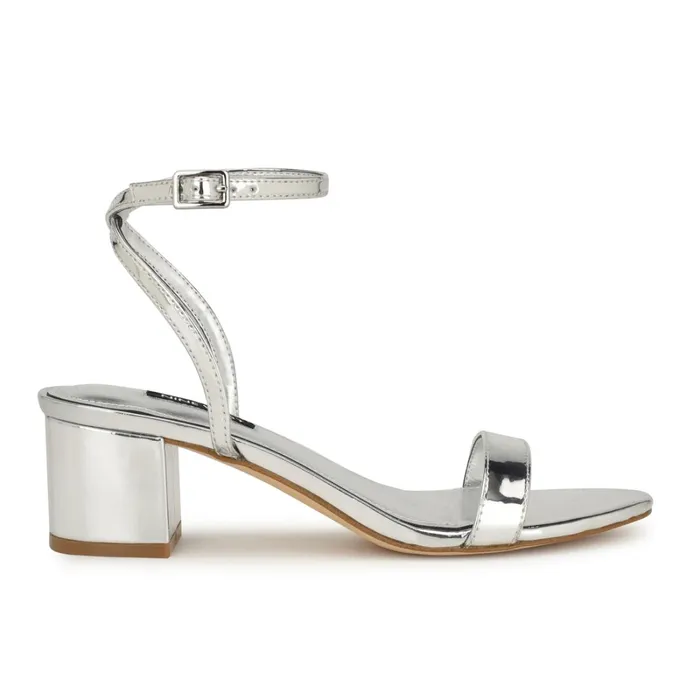 Allora Ankle Strap Block Heeled Sandals Silver Women Nine West Dress