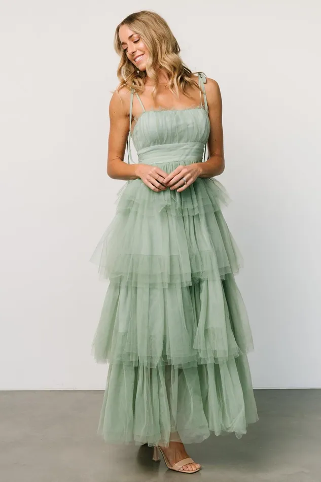 Alora Tulle Tiered Maxi Dress Sage Green Women Baltic Born Wedding Guest