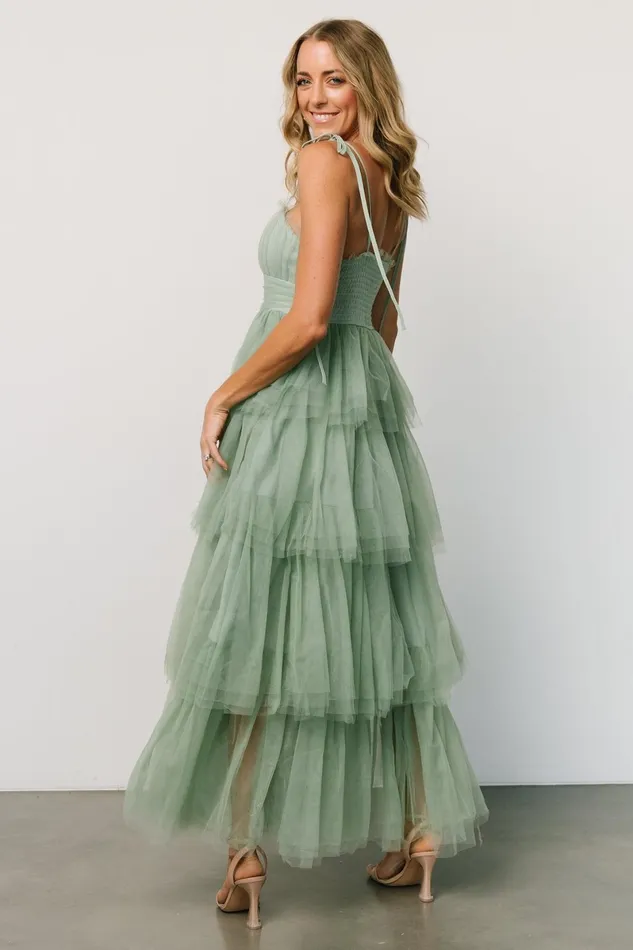 Alora Tulle Tiered Maxi Dress Sage Green Women Baltic Born Wedding Guest