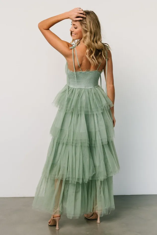 Alora Tulle Tiered Maxi Dress Sage Green Women Baltic Born Wedding Guest