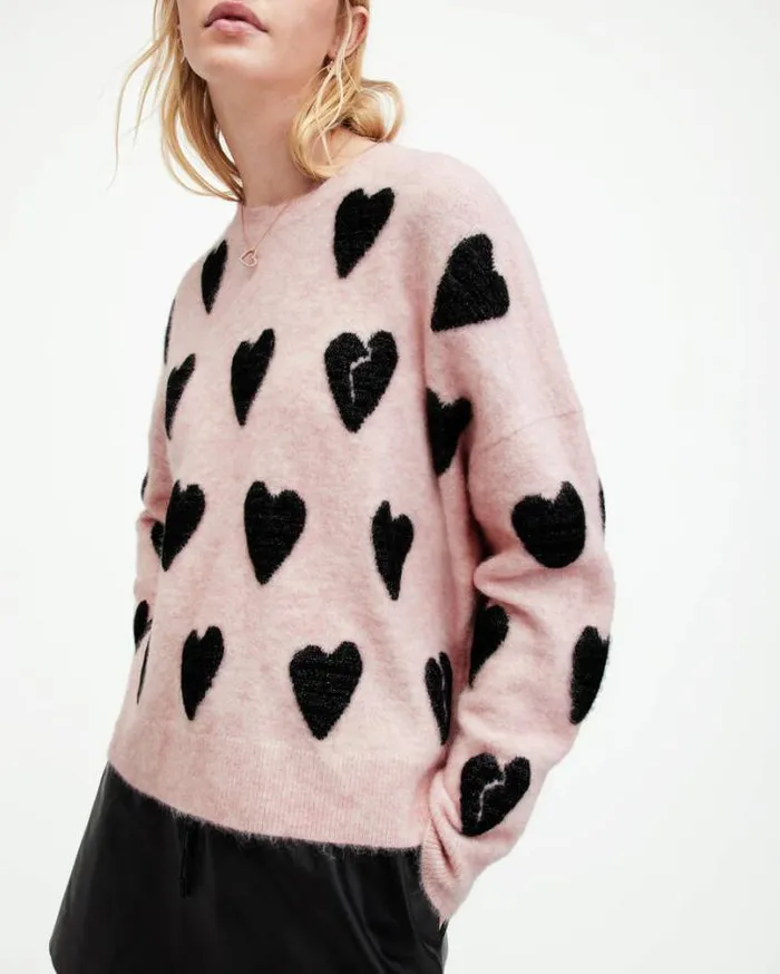 Amora Love Heart Jacquard Brushed Sweater Pale Pinkblack Women AllSaints Sweaters Amora Love Heart Jacquard Brushed Sweater Pale Pinkblack Women AllSaints Sweaters