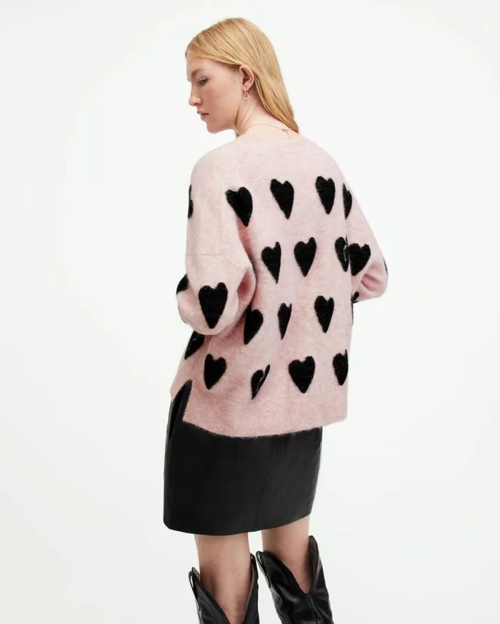 Amora Love Heart Jacquard Brushed Sweater Pale Pinkblack Women AllSaints Sweaters Amora Love Heart Jacquard Brushed Sweater Pale Pinkblack Women AllSaints Sweaters