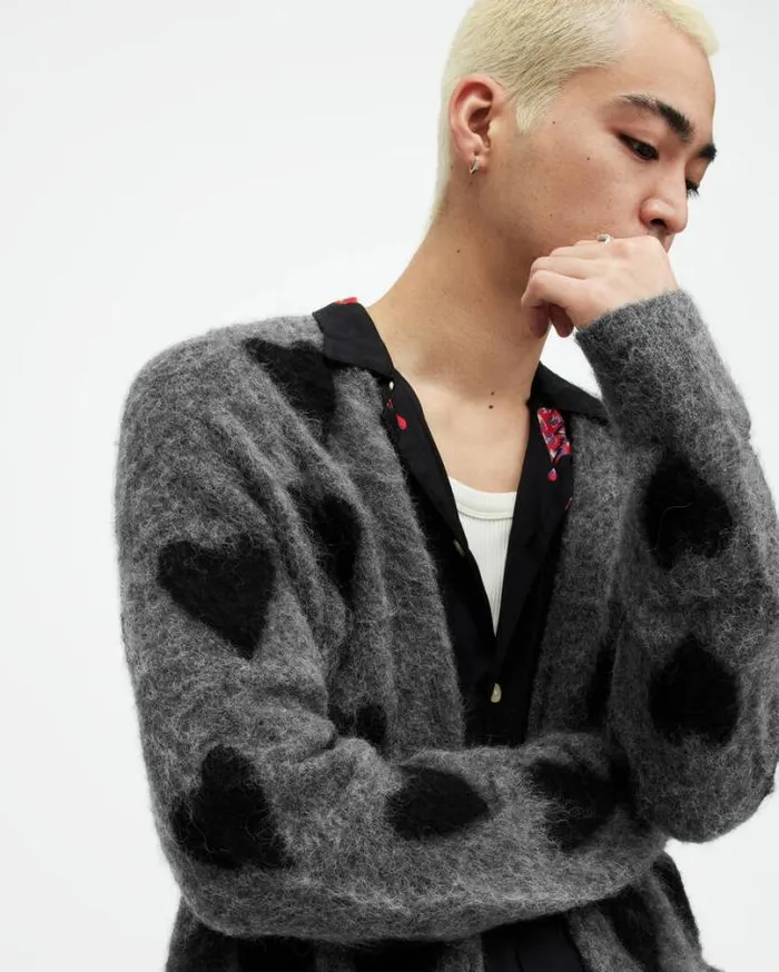 Amore Heart Motif Relaxed Fit Cardigan Greyblack Men AllSaints Sweaters