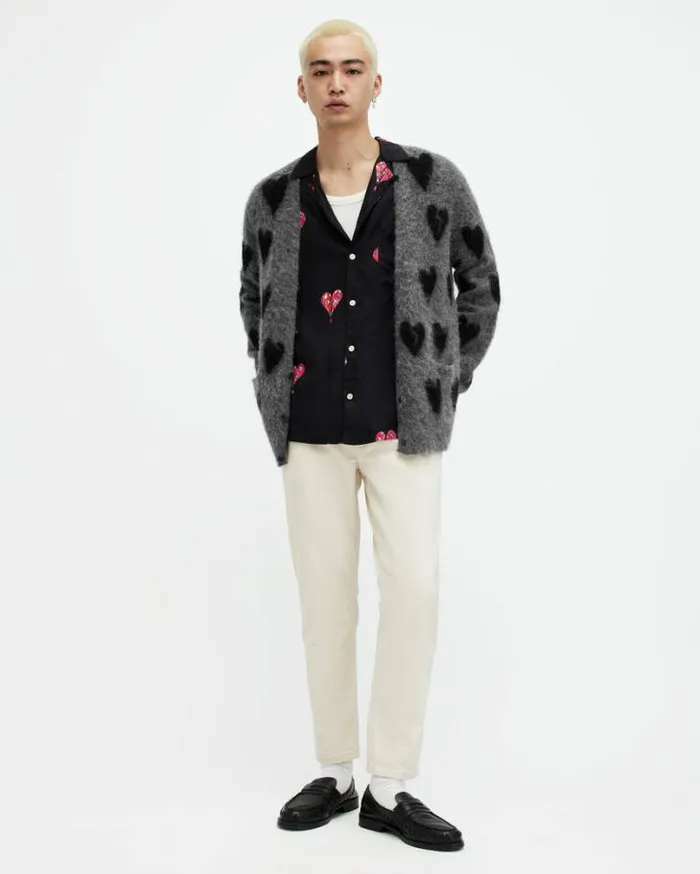 Amore Heart Motif Relaxed Fit Cardigan Greyblack Men AllSaints Sweaters