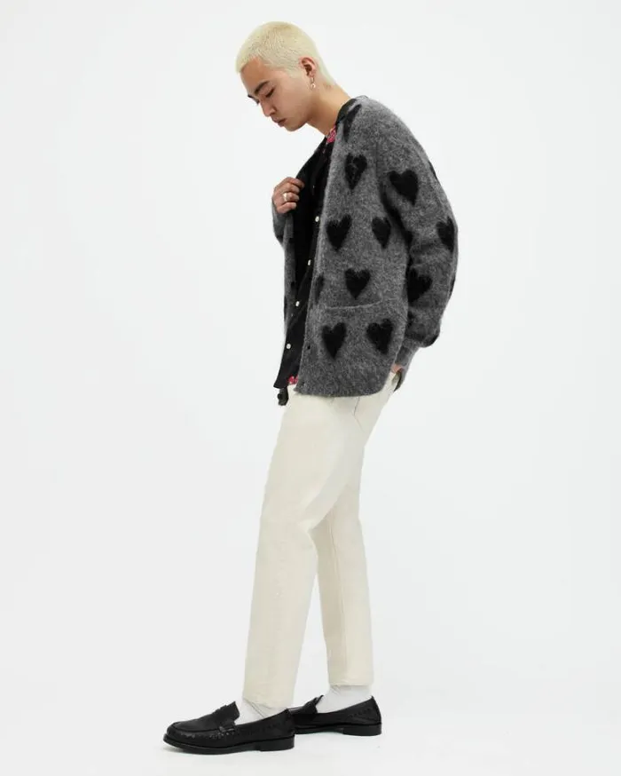 Amore Heart Motif Relaxed Fit Cardigan Greyblack Men AllSaints Sweaters