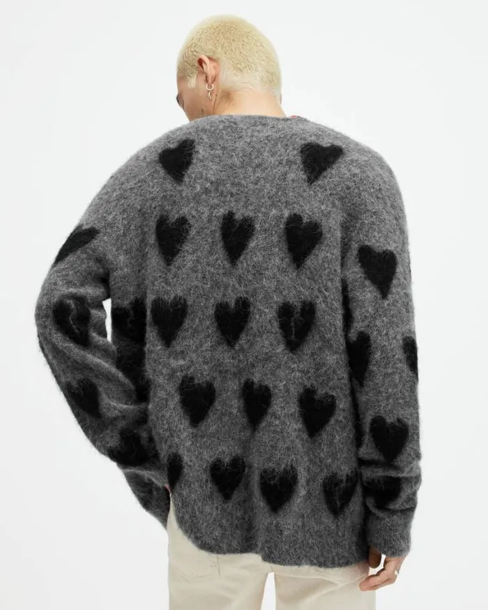Amore Heart Motif Relaxed Fit Cardigan Greyblack Men AllSaints Sweaters