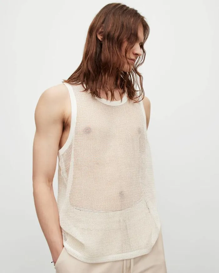 Anderson Relaxed Open Mesh Tank Top Chalk White Men AllSaints TShirts
