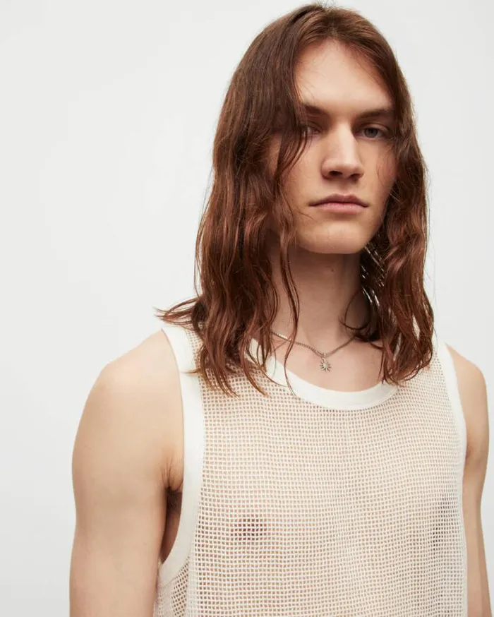 Anderson Relaxed Open Mesh Tank Top Chalk White Men AllSaints TShirts