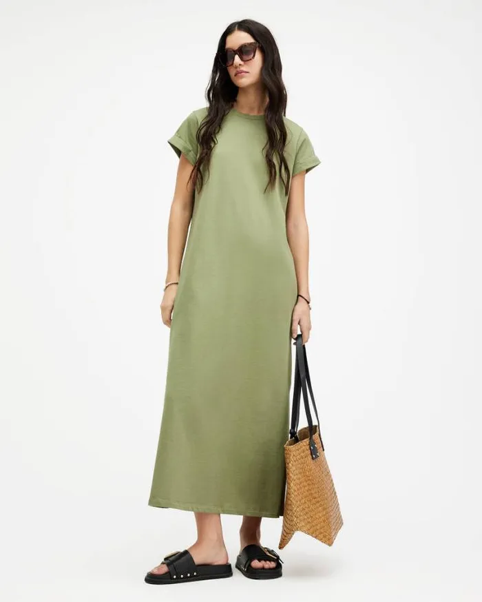 Anna Crew Neck Short Sleeve Maxi Dress Grass Green Women AllSaints Dresses