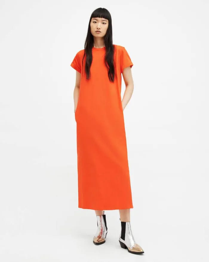 Anna Crew Neck Short Sleeve Maxi Dress Zesty Orange Women AllSaints Dresses