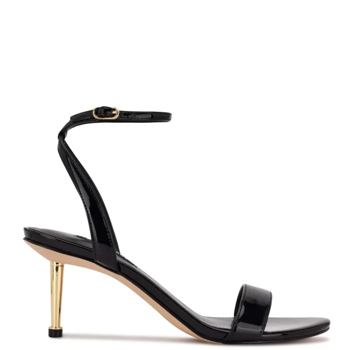 Anny Ankle Strap Heeled Sandals Black Patent Women Nine West Mid Heels