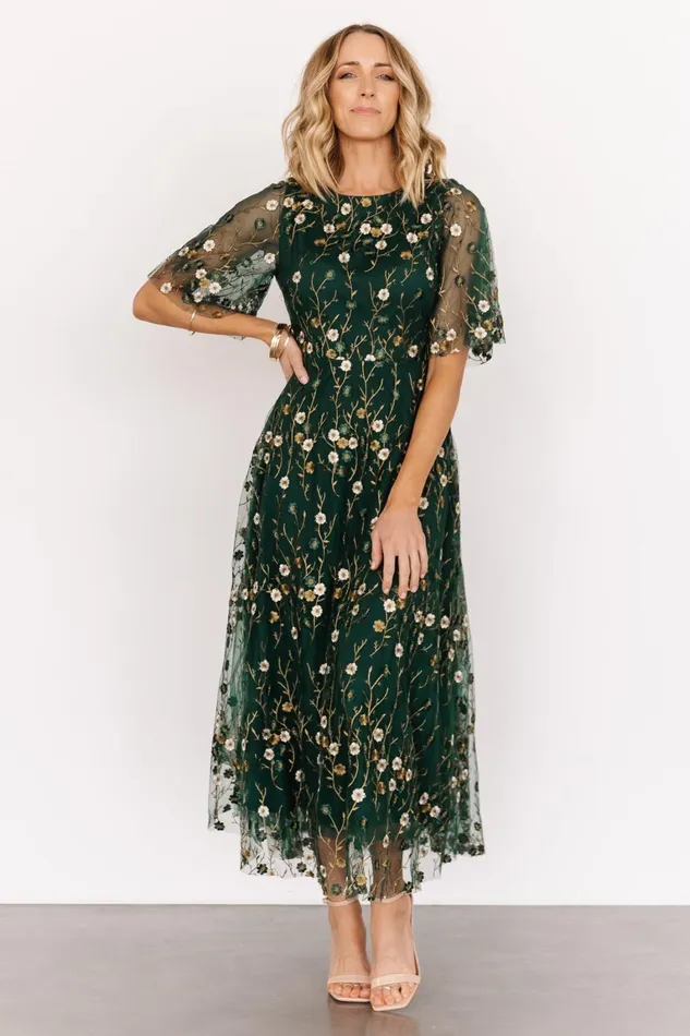 Arabella Embroidered Tulle Maxi Dress Dark Green Floral Women Baltic Born Mother Of The Bride