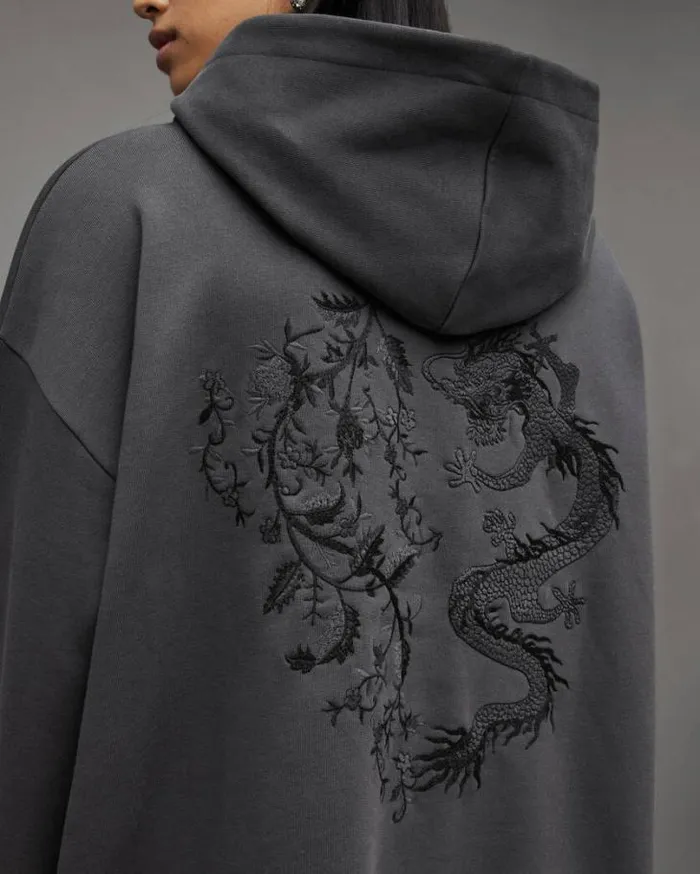 Auru Rihan Dragon Embroidered Hoodie Washed Black Women AllSaints Sweatshirts and Hoodies Auru Rihan Dragon Embroidered Hoodie Washed Black Women AllSaints Sweatshirts and Hoodies