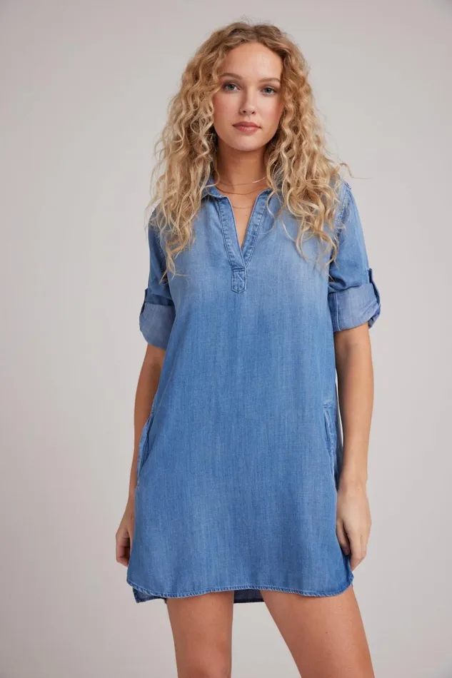 Bella Dahl ALine Rolled Tab Sleeve Dress 8211 Medium Ombre Wash Women Mini Dresses