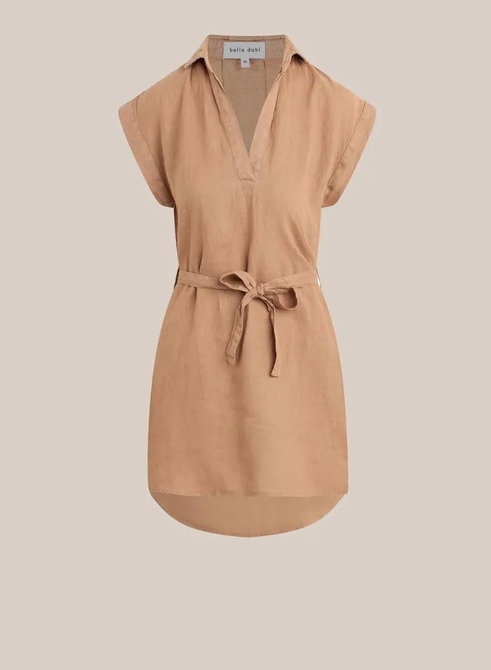 Bella Dahl Belted Linen Shirt Dress Desert Brown Women Mini Dresses