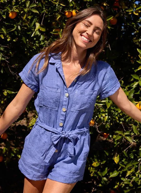 Bella Dahl Rolled Hem Utility Romper 8211 Bahia Blue Women Rompers and Jumpsuits