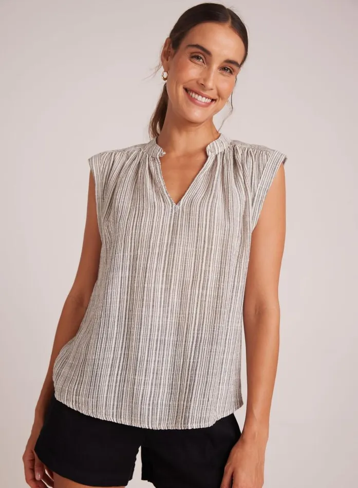 Bella Dahl Shirred Pullover Cap Sleeve 8211 Eze Slub Stripe Women Sleeveless