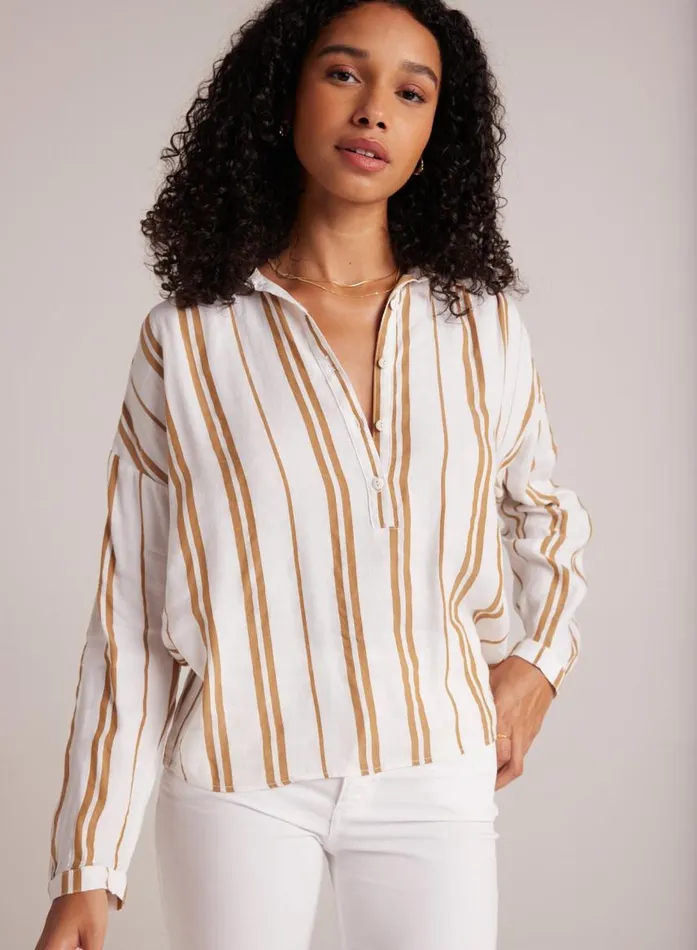 Bella Dahl Shirred Shoulder Pullover 8211 Redwood Stripe Women Button Down