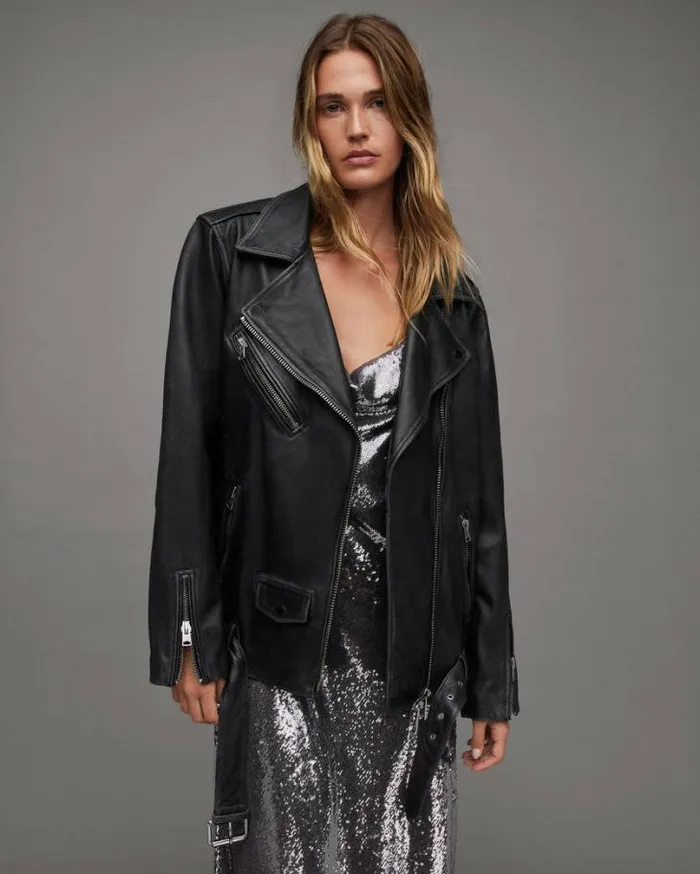 Billie Oversized Leather Biker Jacket Black Women AllSaints Leather Jackets