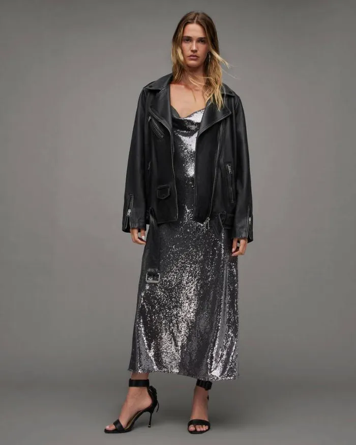 Billie Oversized Leather Biker Jacket Black Women AllSaints Leather Jackets