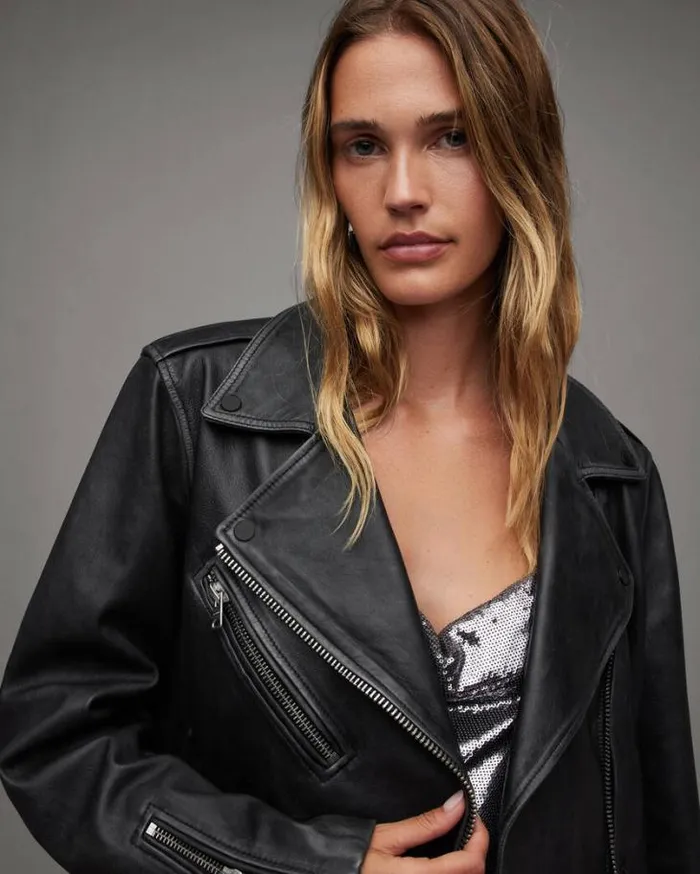 Billie Oversized Leather Biker Jacket Black Women AllSaints Leather Jackets