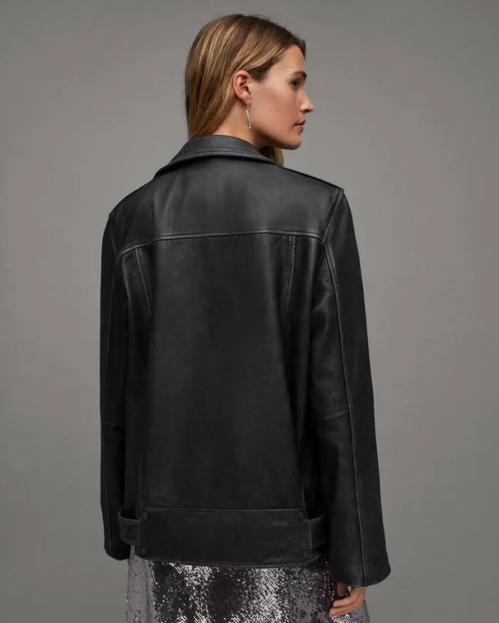 Billie Oversized Leather Biker Jacket Black Women AllSaints Leather Jackets