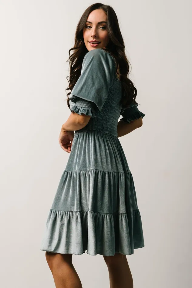 Bliss Smocked Velvet Short Dress Dusty Blue Women Baltic Born Bump Friendly