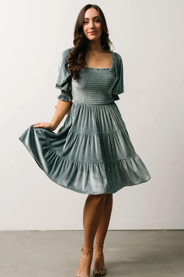 Bliss Smocked Velvet Short Dress Dusty Blue Women Baltic Born Bump Friendly