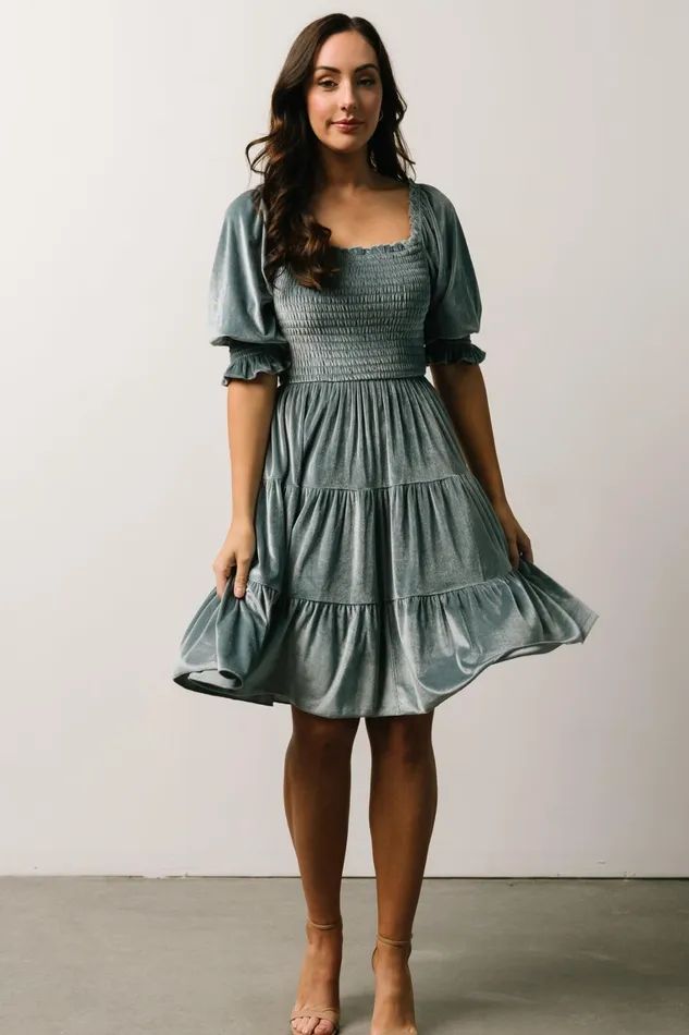 Bliss Smocked Velvet Short Dress Dusty Blue Women Baltic Born Bump Friendly