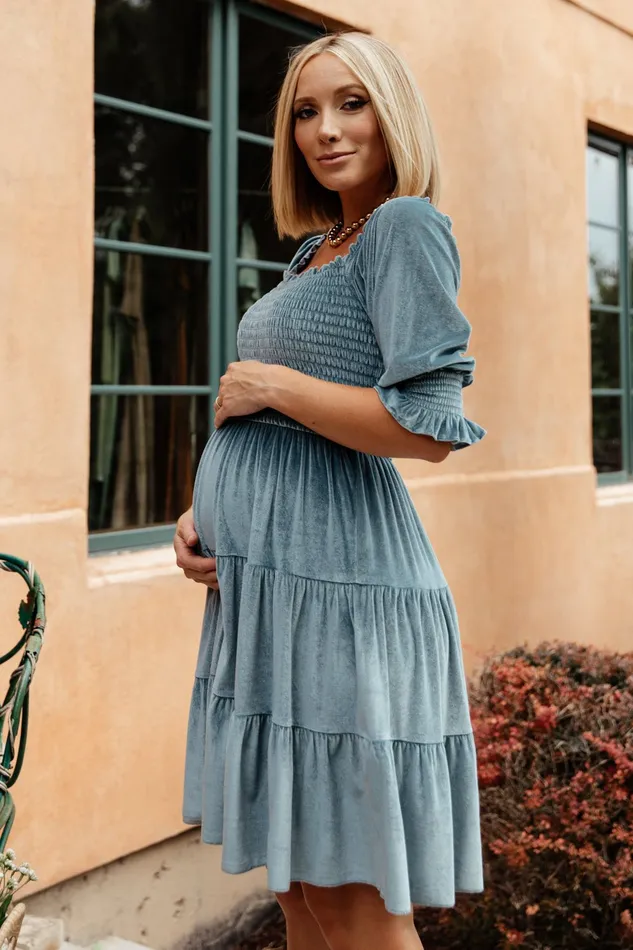 Bliss Smocked Velvet Short Dress Dusty Blue Women Baltic Born Bump Friendly