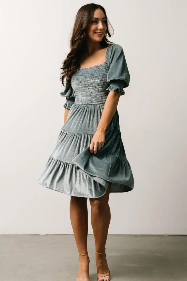Bliss Smocked Velvet Short Dress Dusty Blue Women Baltic Born Bump Friendly