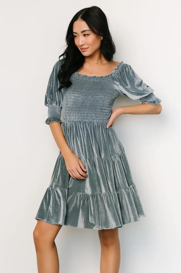 Bliss Smocked Velvet Short Dress Dusty Blue Women Baltic Born Bump Friendly