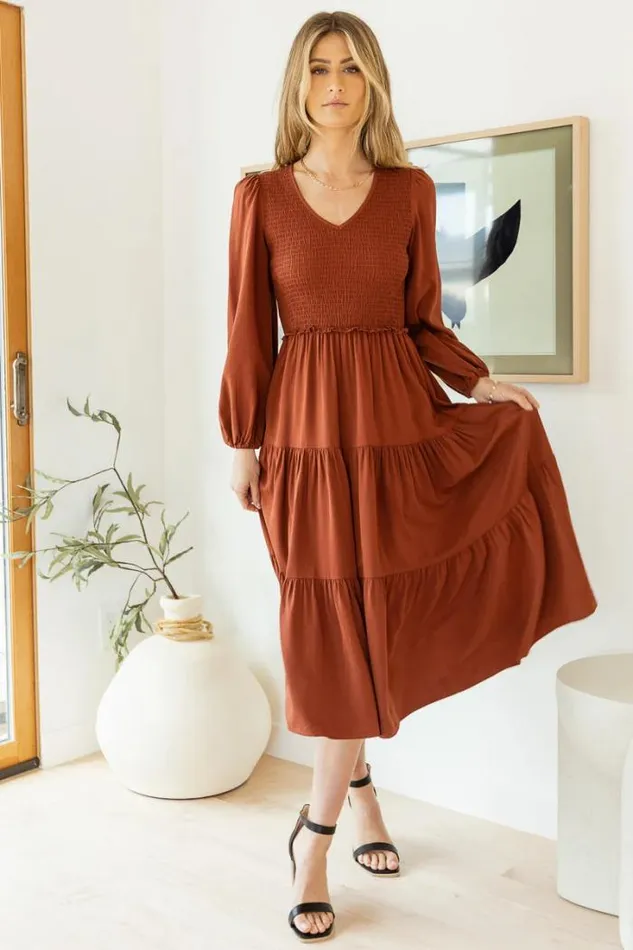Bohme Dresses Smocked Tiered Midi Dress In Brown Brown 8211 Women