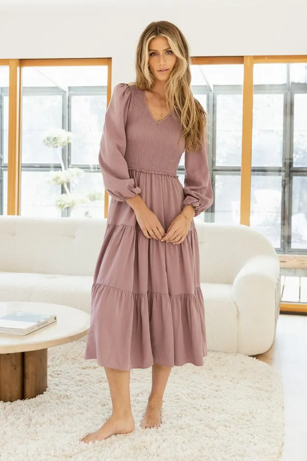 Bohme Dresses Smocked Tiered Midi Dress In Lavender Lavender 8211 Women