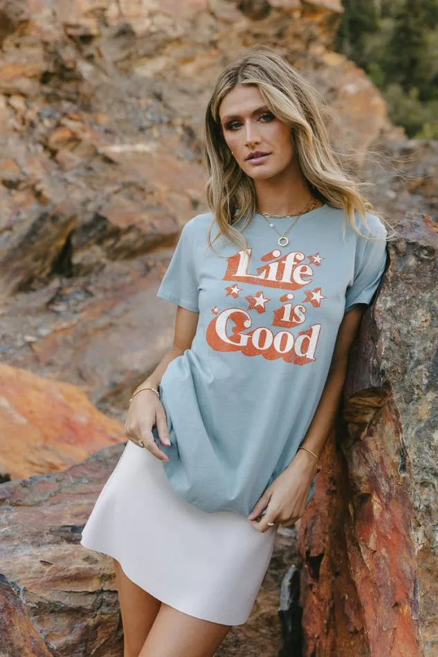 Bohme Tops Life Is Good Graphic Tee 8211 FINAL SALE Blue 8211 Women