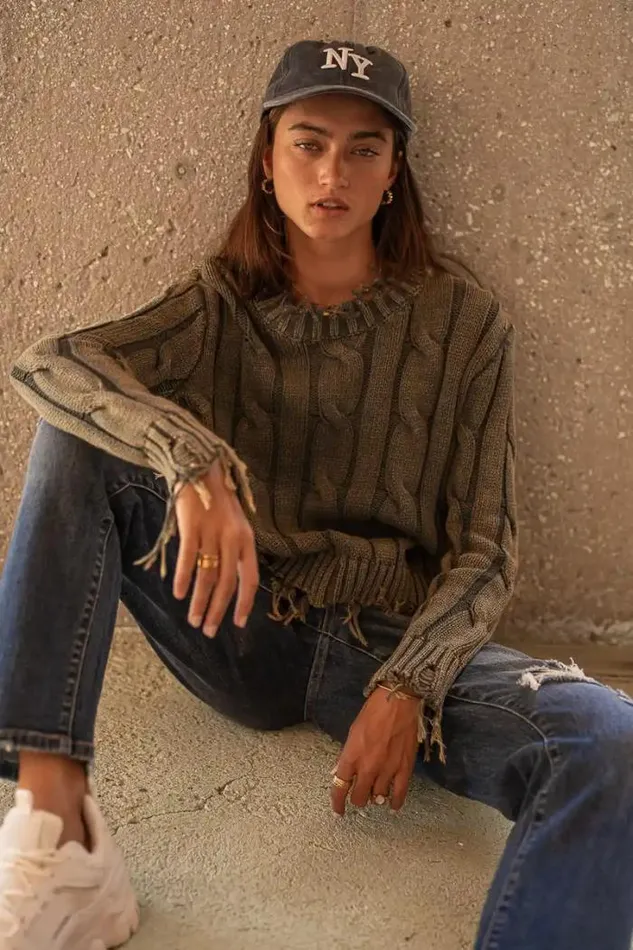 Bohme Tops Mari Distressed Sweater In Green Green 8211 Women