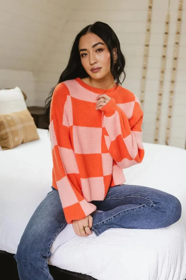 Bohme Tops Morgan Checkered Sweater In Orange Orange 8211 Women Bohme Tops Morgan Checkered Sweater In Orange Orange 8211 Women