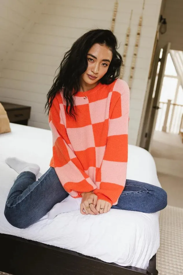 Bohme Tops Morgan Checkered Sweater In Orange Orange 8211 Women Bohme Tops Morgan Checkered Sweater In Orange Orange 8211 Women