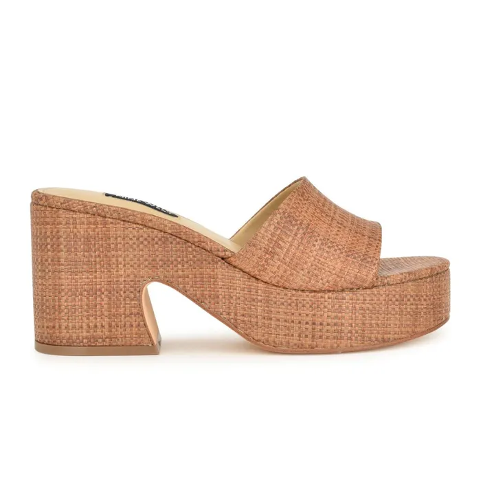 Boone Platform Slide Sandals Brown Raffia Women Nine West Platforms