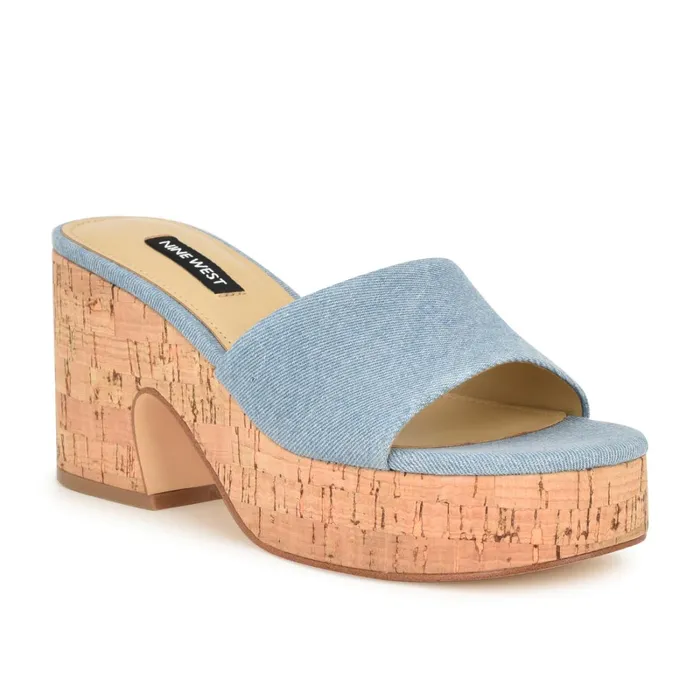 Boone Platform Slide Sandals Denim Women Nine West Wedges