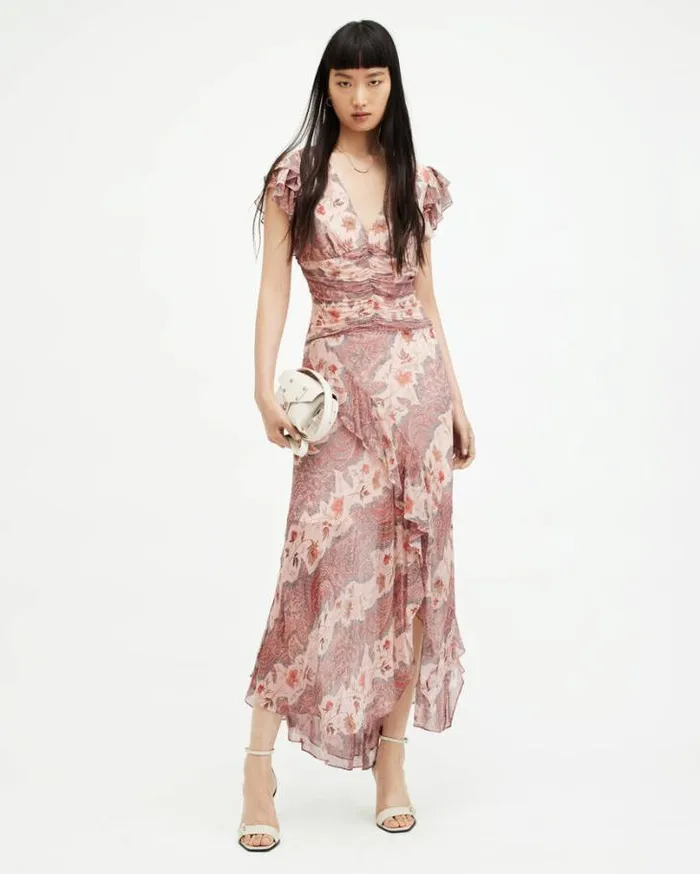 Brea Floral Print Cascade Maxi Dress Clay Pink Women AllSaints Dresses