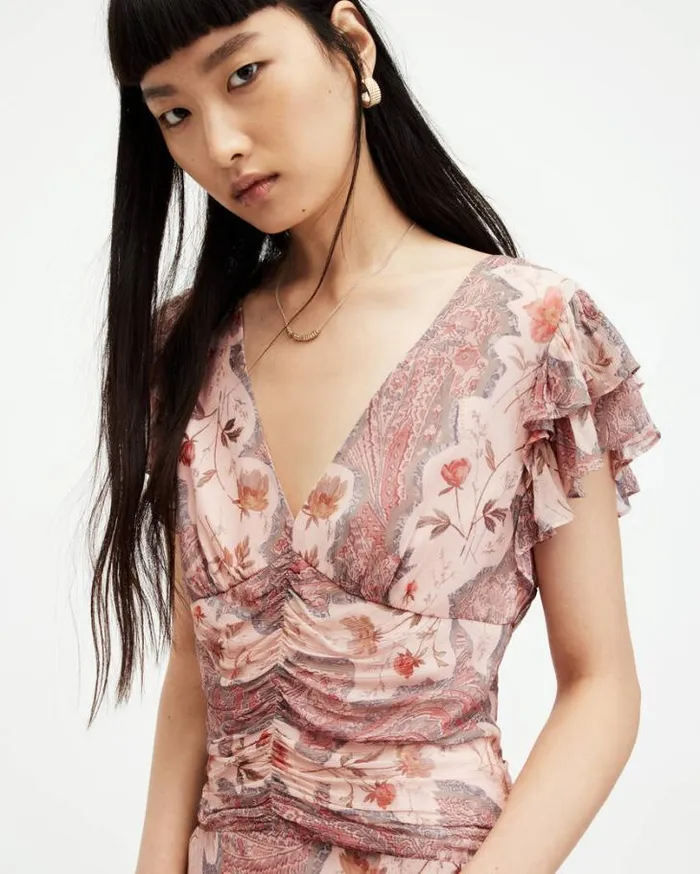 Brea Floral Print Cascade Maxi Dress Clay Pink Women AllSaints Dresses