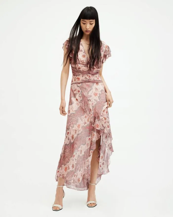 Brea Floral Print Cascade Maxi Dress Clay Pink Women AllSaints Dresses