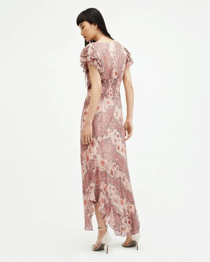 Brea Floral Print Cascade Maxi Dress Clay Pink Women AllSaints Dresses