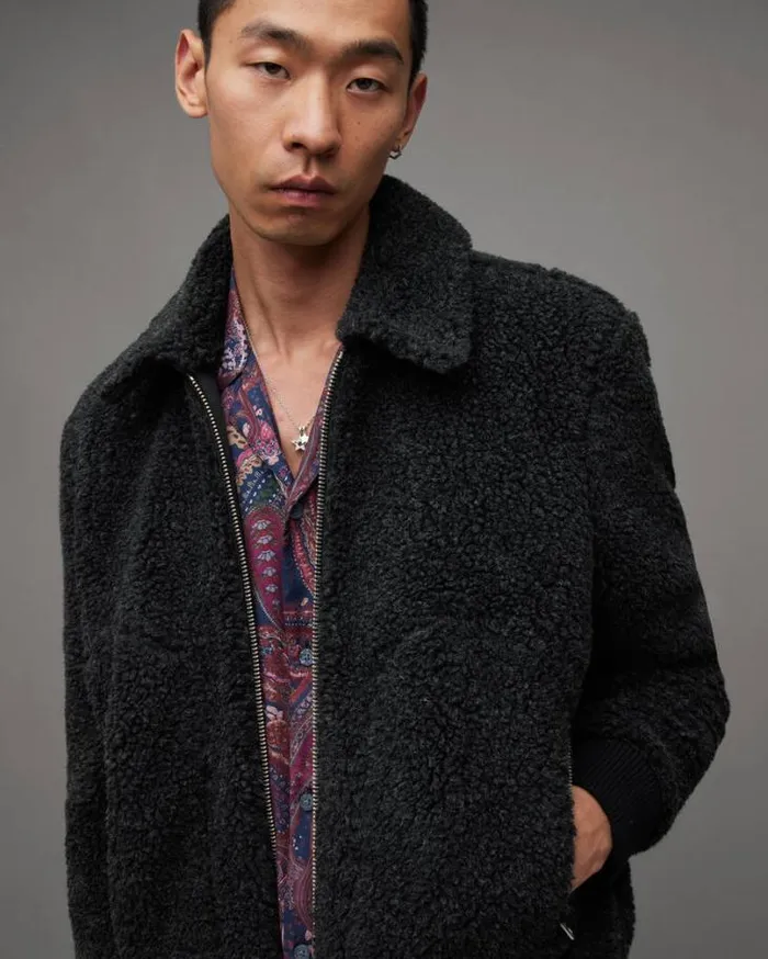 Buzz Teddy Textured Bomber Jacket Cinder Marl Men AllSaints Jackets and Coats Buzz Teddy Textured Bomber Jacket Cinder Marl Men AllSaints Jackets and Coats