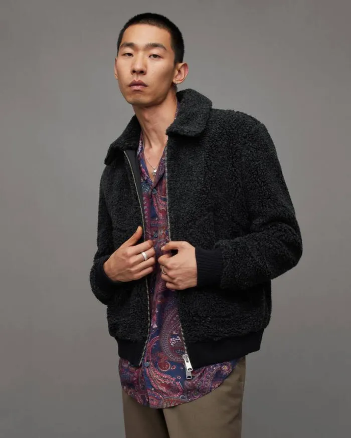 Buzz Teddy Textured Bomber Jacket Cinder Marl Men AllSaints Jackets and Coats Buzz Teddy Textured Bomber Jacket Cinder Marl Men AllSaints Jackets and Coats