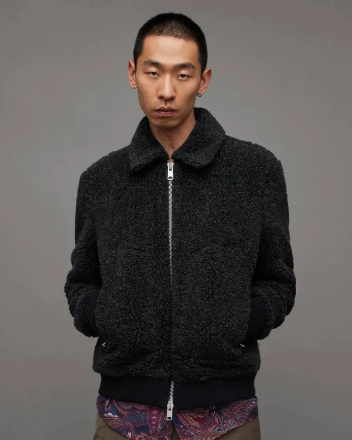 Buzz Teddy Textured Bomber Jacket Cinder Marl Men AllSaints Jackets and Coats Buzz Teddy Textured Bomber Jacket Cinder Marl Men AllSaints Jackets and Coats