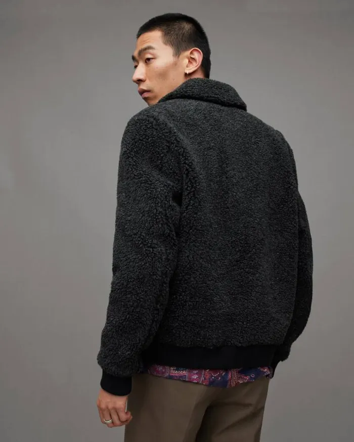Buzz Teddy Textured Bomber Jacket Cinder Marl Men AllSaints Jackets and Coats Buzz Teddy Textured Bomber Jacket Cinder Marl Men AllSaints Jackets and Coats
